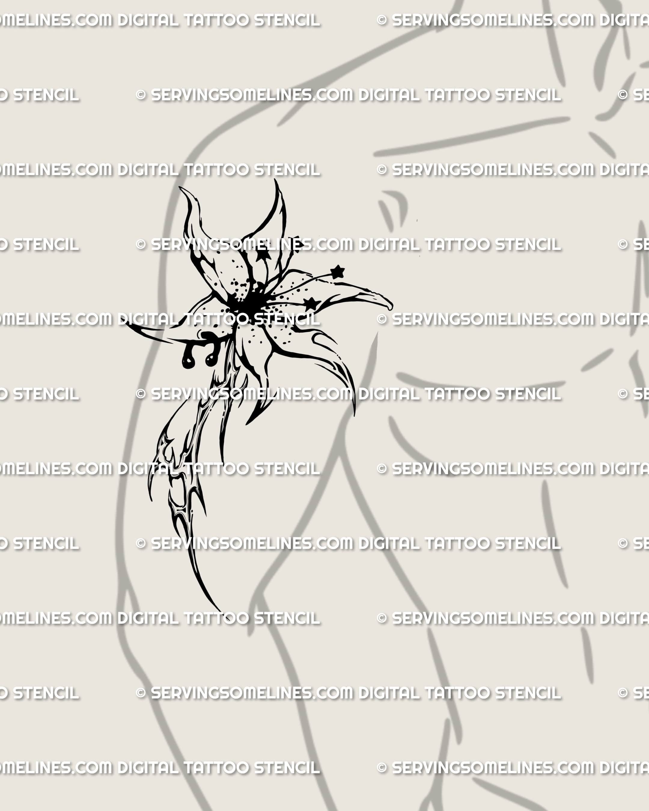 Alternative lily tattoo stencil displayed on mens upper arm placement example, dark floral design ready for stencil use.