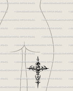 Alternative crucifix tattoo idea for back thigh, gothic ornamental blackwork design in a sharp cybertribal style.