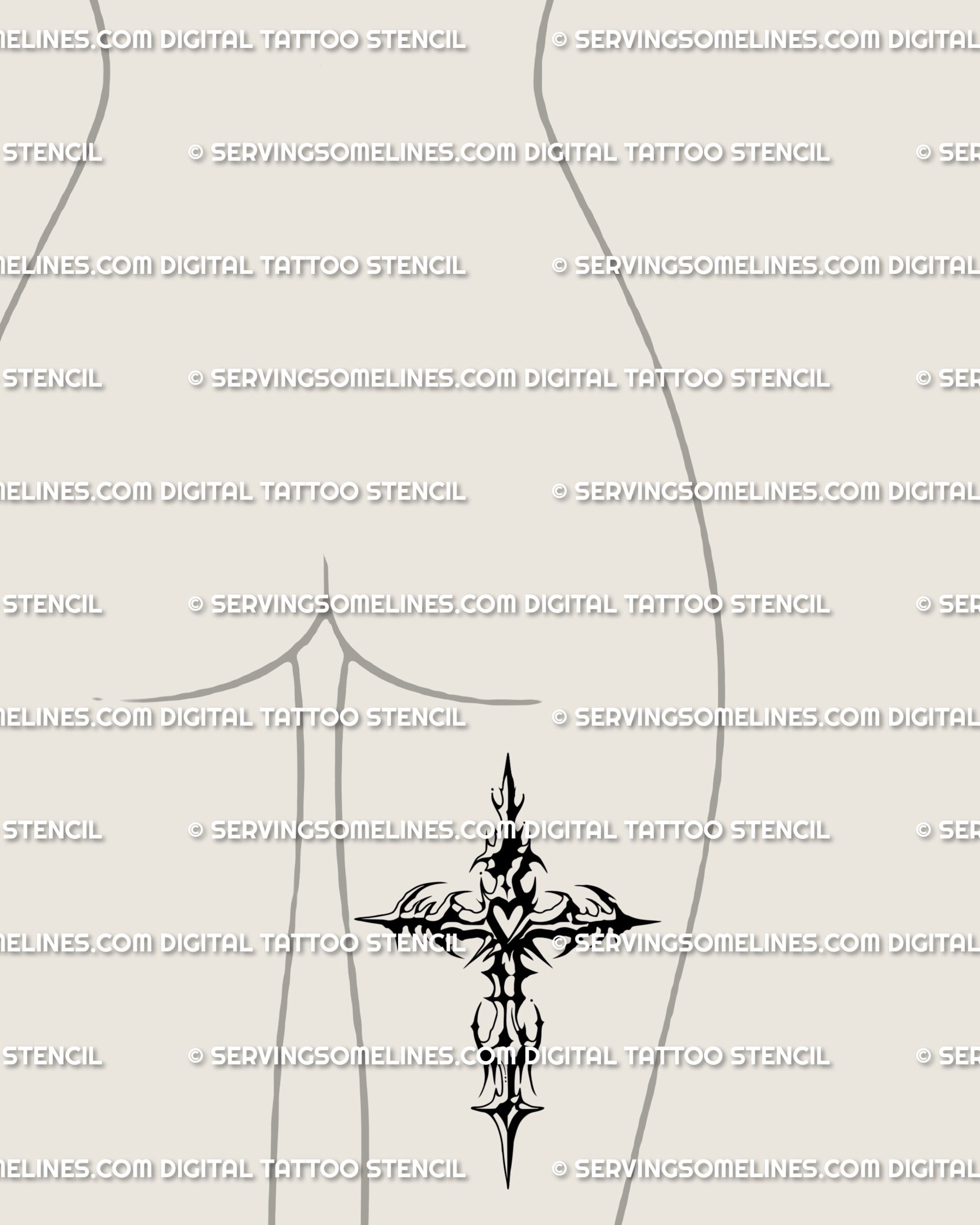Alternative crucifix tattoo idea for back thigh, gothic ornamental blackwork design in a sharp cybertribal style.