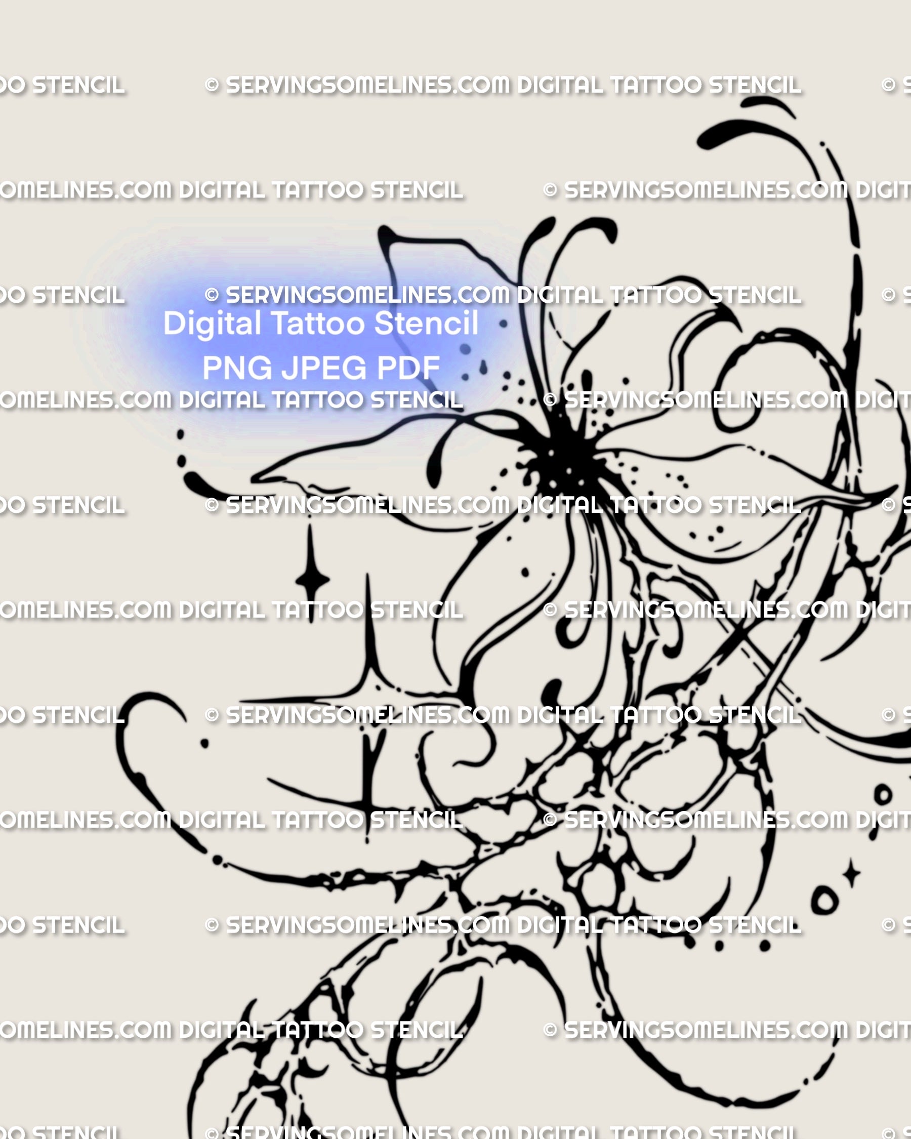 Close up of alternative flower tattoo flash, neogothic cybersigilism bloom with sharp ornamental linework and spiky tribal detail.