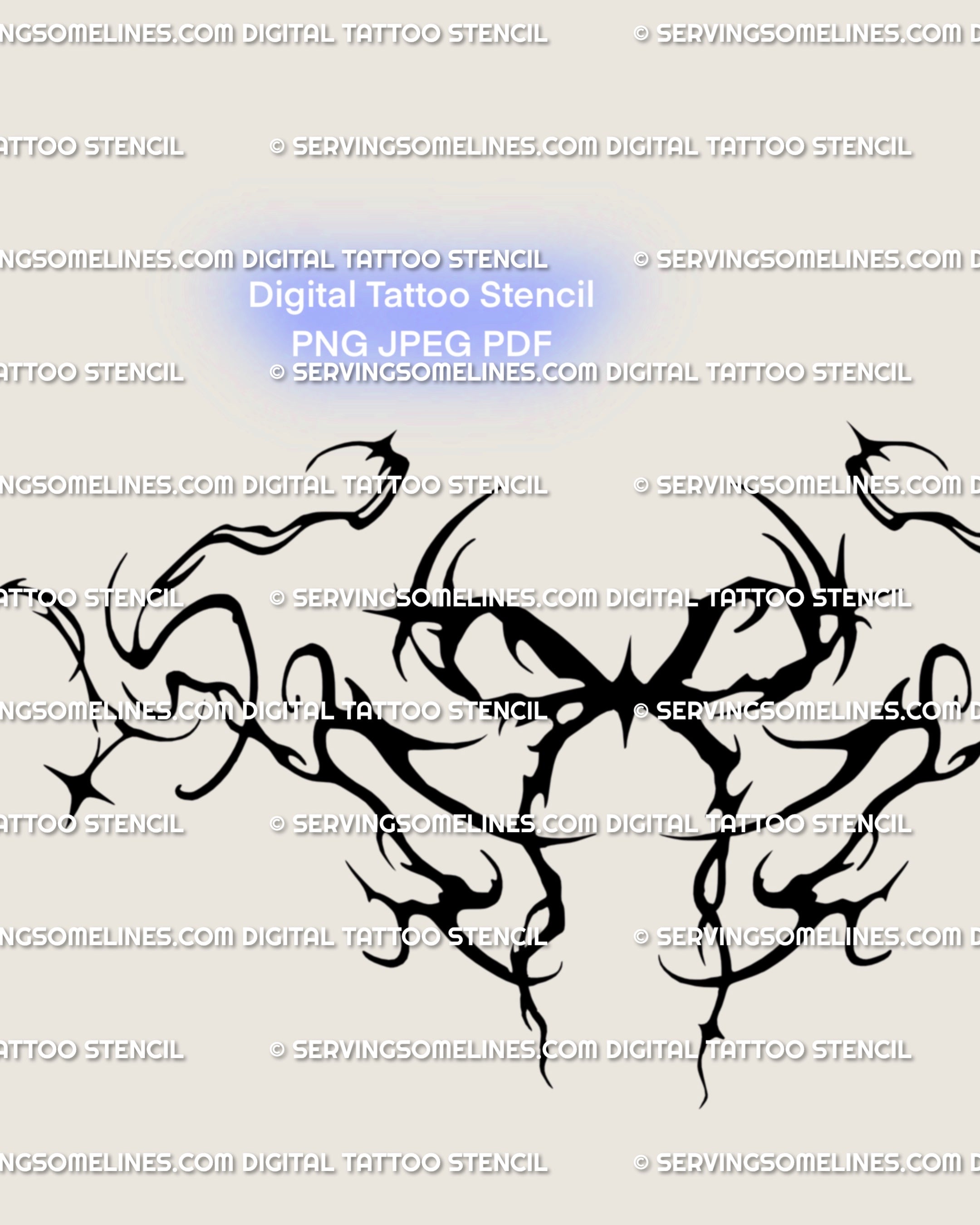 Alternative gothic ribbon tattoo flash shown in close-up, highlighting ornamental bow lines and thorn-like flow, made as a digital download design.