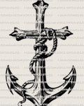 Anchor cross tattoo stencil, rope-wrapped anchor and cross design, blackwork engraving style, displayed as centered placement example.