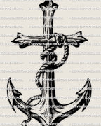 Anchor cross tattoo stencil, rope-wrapped anchor and cross design, blackwork engraving style, displayed as centered placement example.