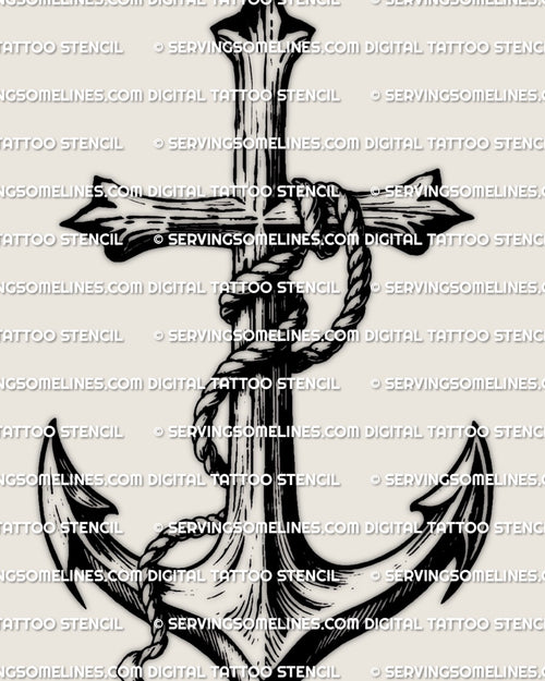 Anchor cross tattoo stencil, rope-wrapped anchor and cross design, blackwork engraving style, displayed as centered placement example.