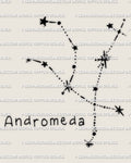 Andromeda constellation tattoo stencil download, minimalist star map style design, clean star points and dotted path.