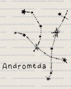 Andromeda constellation tattoo stencil download, minimalist star map style design, clean star points and dotted path.
