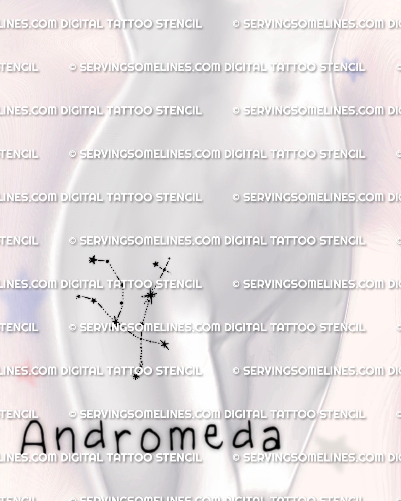 Andromeda constellation tattoo stencil displayed on women’s hip placement example, minimal constellation line with crisp stars.