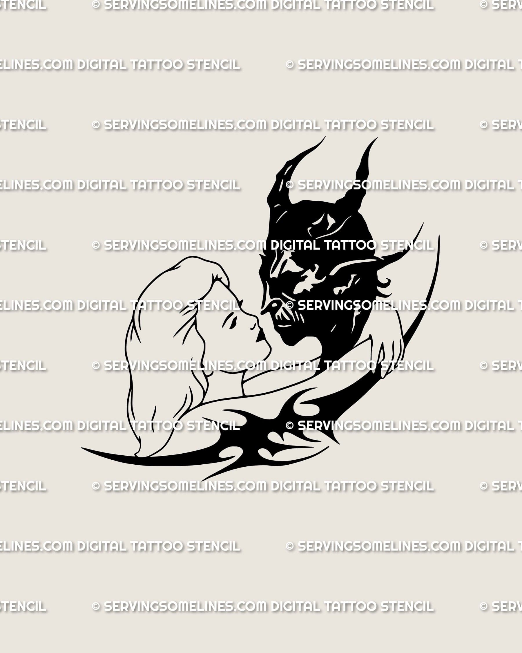 Angel and devil tattoo stencil showing gothic couple in a neotribal style, symbolic good vs evil love design with dark romance detail.