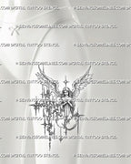 Angel cybersigilism tattoo stencil preview on a womens front thigh, with open wings, pointed frame, and long vertical figure.