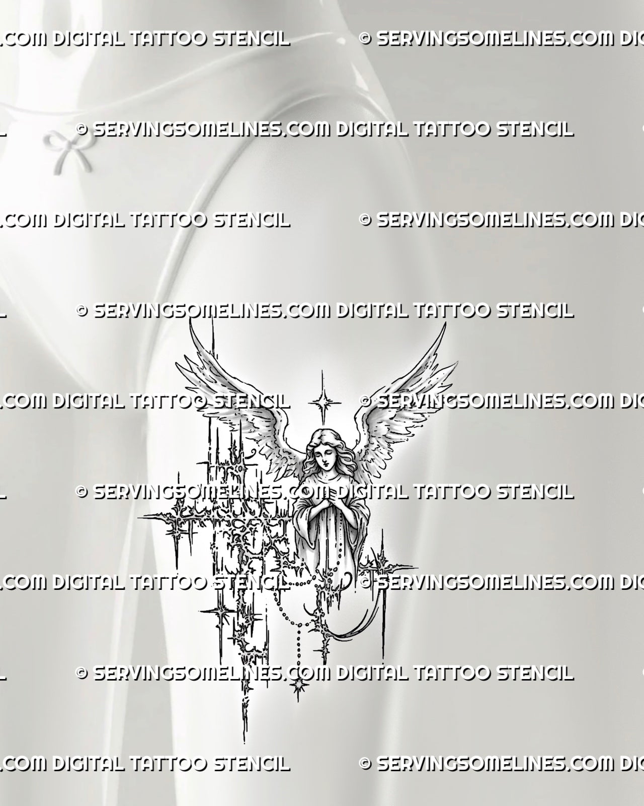 Angel cybersigilism tattoo stencil preview on a womens front thigh, with open wings, pointed frame, and long vertical figure.