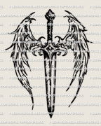 Angel dagger tattoo stencil design, vertical dagger with angel wings, instant download PNG PDF for stencil transfer.