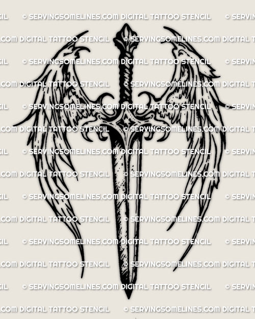 Angel dagger tattoo stencil design, vertical dagger with angel wings, instant download PNG PDF for stencil transfer.