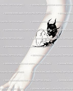 Angel and devil kiss tattoo with gothic couple symbolism, perfect forearm design showing neotribal contrast and forbidden love.