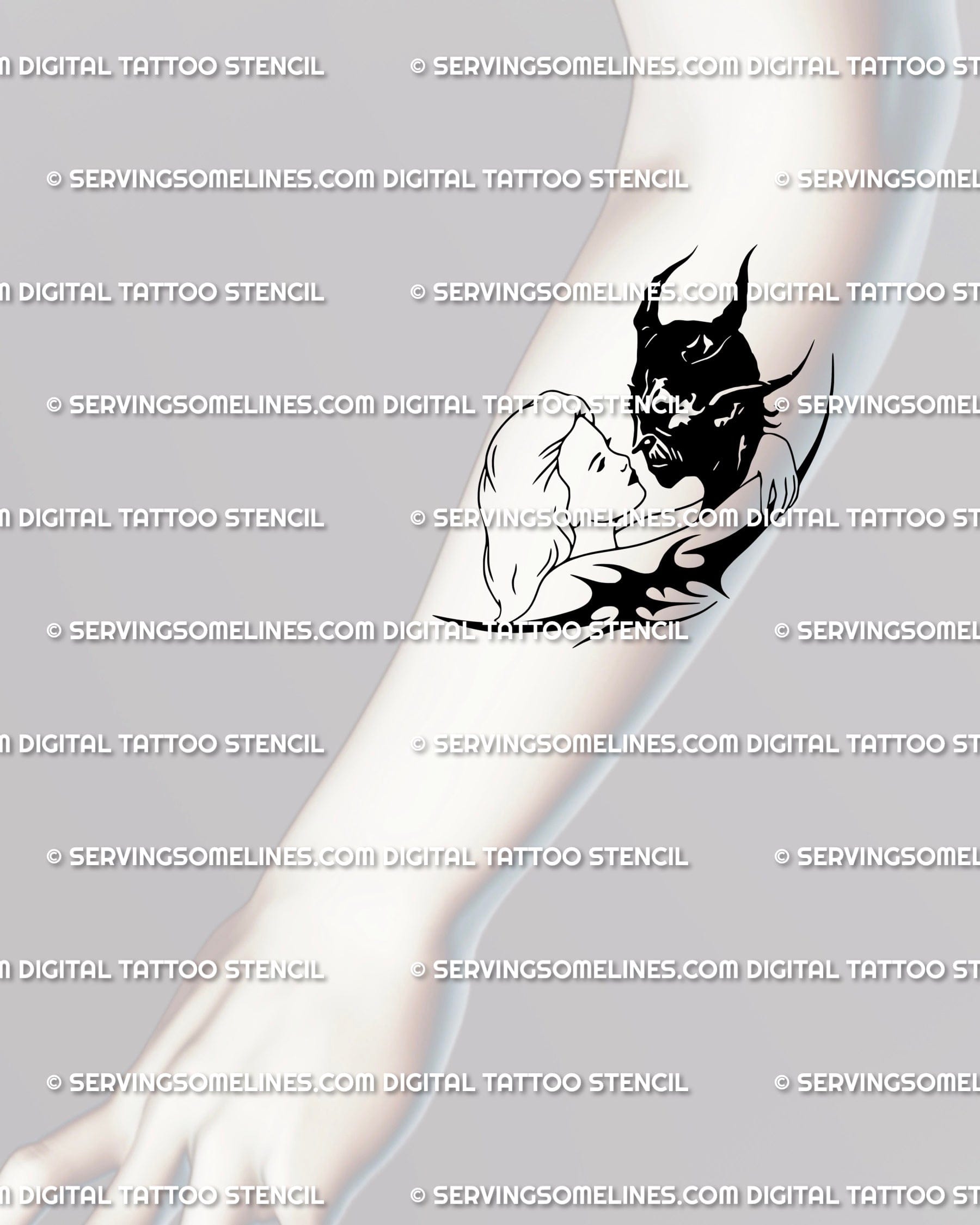 Angel and devil kiss tattoo with gothic couple symbolism, perfect forearm design showing neotribal contrast and forbidden love.