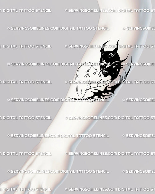 Angel and devil kiss tattoo with gothic couple symbolism, perfect forearm design showing neotribal contrast and forbidden love.