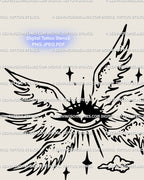 Close-up of a minimalist angel eye with wings tattoo, hand-drawn in seraphim style. Flying eyeball angel design with divine vision and protective meaning.