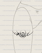 Angel lettering tattoo design shown on thigh placement, gothic neotribal lettering forming winged wordmark, displayed as digital stencil artwork.