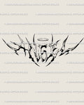 Angel lettering tattoo stencil with neotribal cyber script font, sharp halo on top of the word, gothic calligraphy digital tattoo design.
