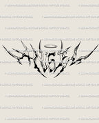 Angel lettering tattoo stencil with neotribal cyber script font, sharp halo on top of the word, gothic calligraphy digital tattoo design.
