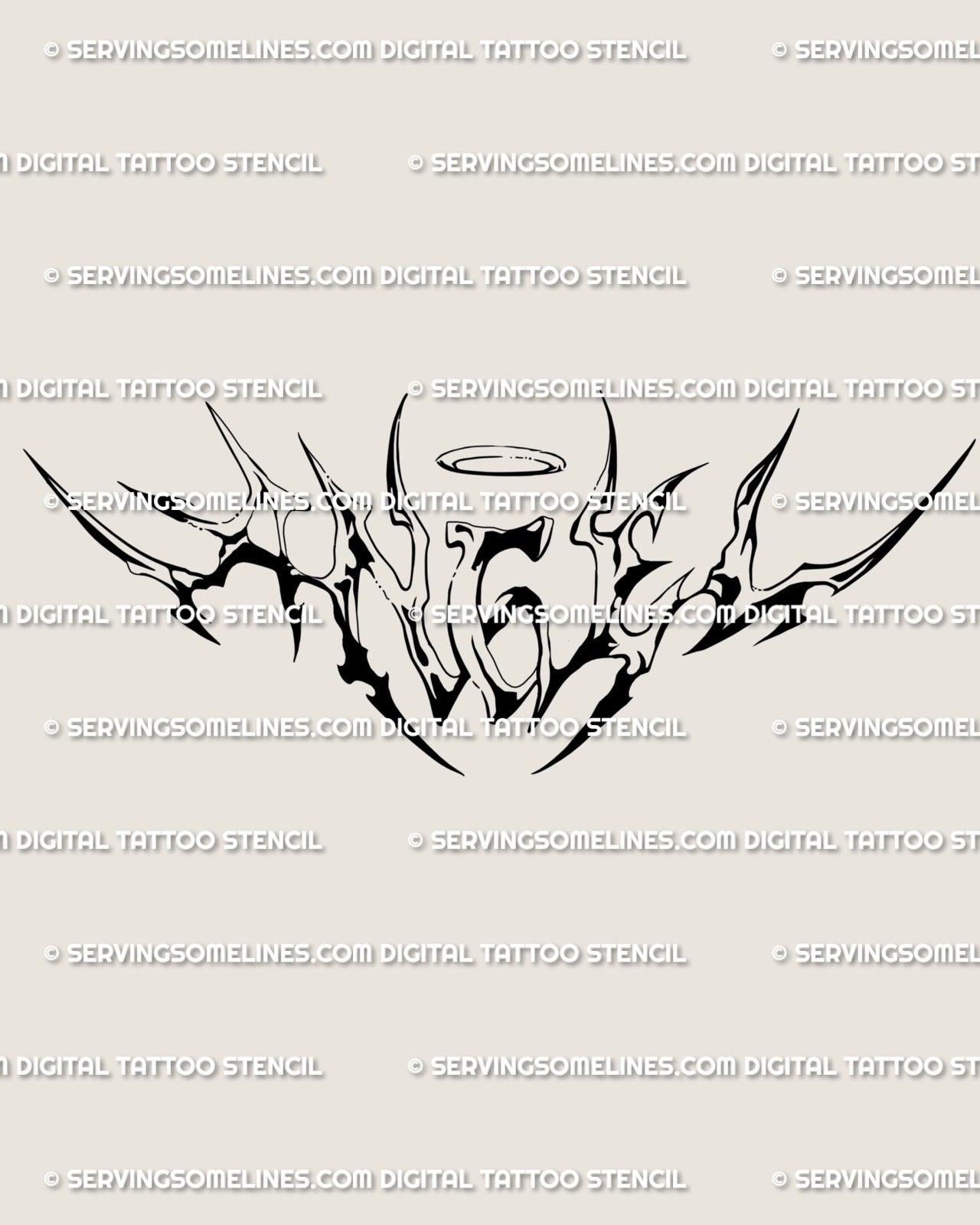 Angel lettering tattoo stencil with neotribal cyber script font, sharp halo on top of the word, gothic calligraphy digital tattoo design.