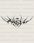 Digital angel lettering tattoo stencil preview showing gothic neotribal blackwork design with tribal wings, ideal for chest or back placement.
