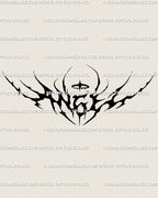 Digital angel lettering tattoo stencil preview showing gothic neotribal blackwork design with tribal wings, ideal for chest or back placement.
