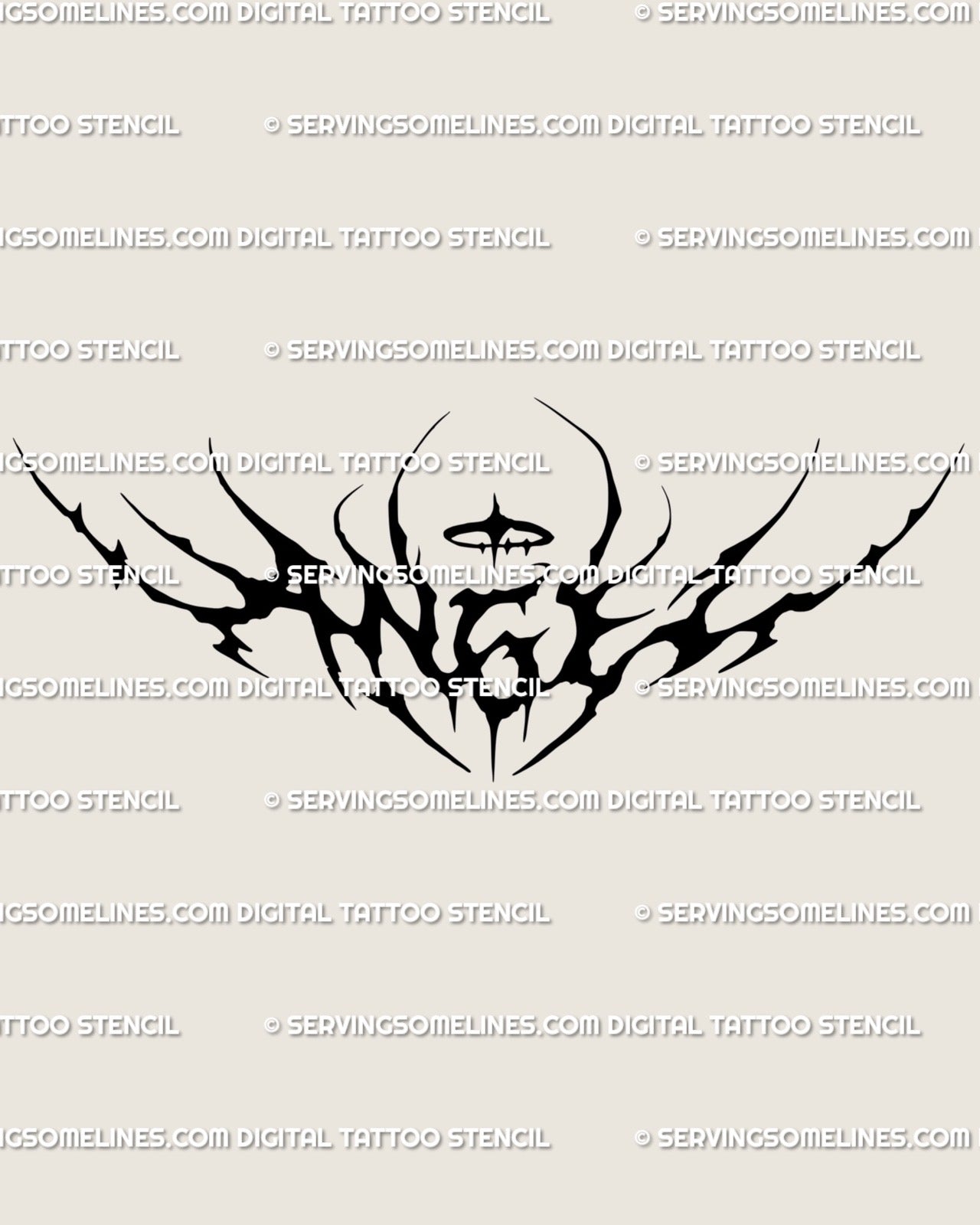 Digital angel lettering tattoo stencil preview showing gothic neotribal blackwork design with tribal wings, ideal for chest or back placement.
