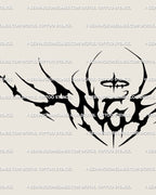 Gothic angel lettering tattoo design with faint halo accent above spiky tribal wings, displayed as a digital stencil preview for upper back placement.