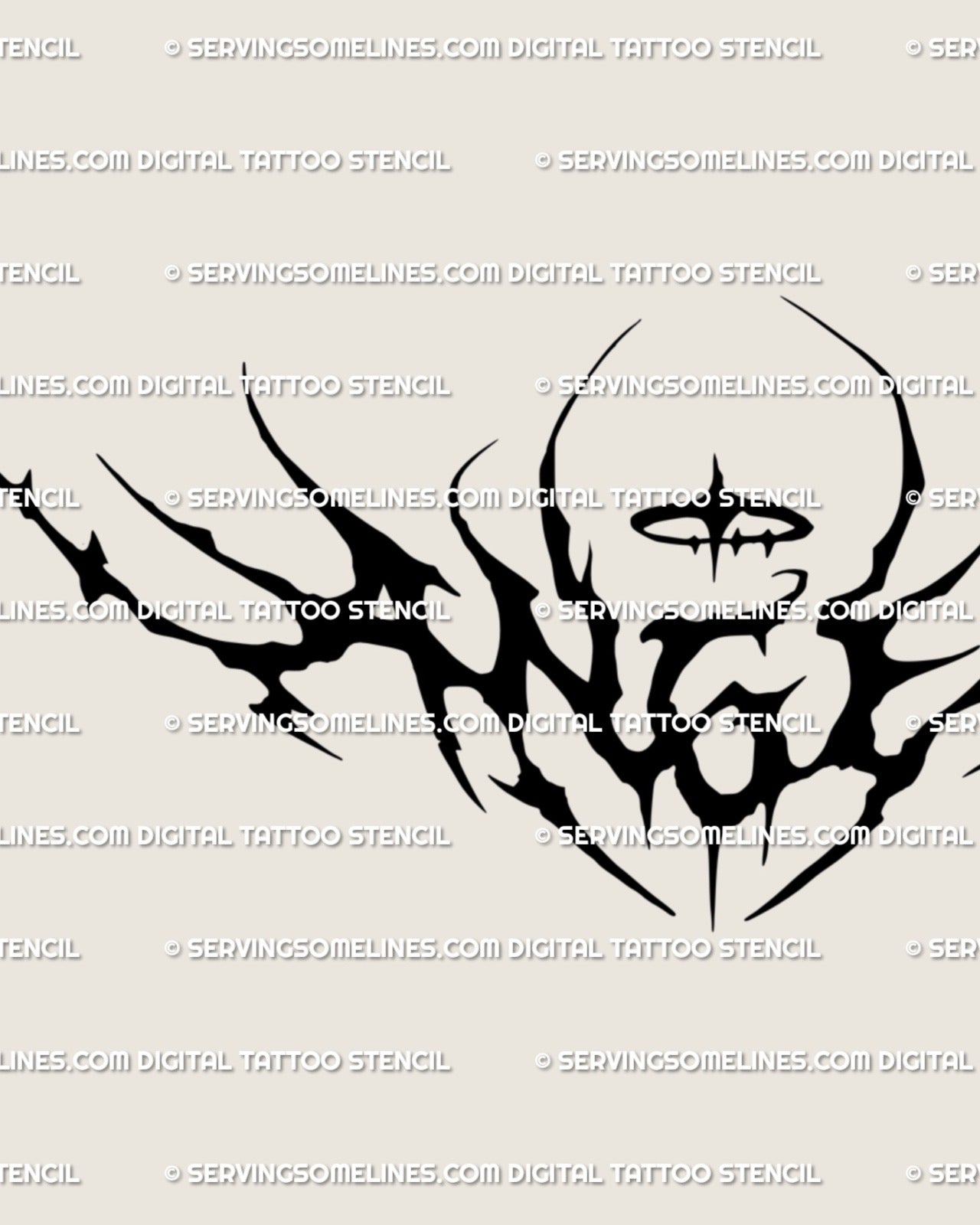 Gothic angel lettering tattoo design with faint halo accent above spiky tribal wings, displayed as a digital stencil preview for upper back placement.