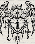 Cybersigilism angel lock tattoo stencil, heart lock emblem with star and moon charm details, clean negative space