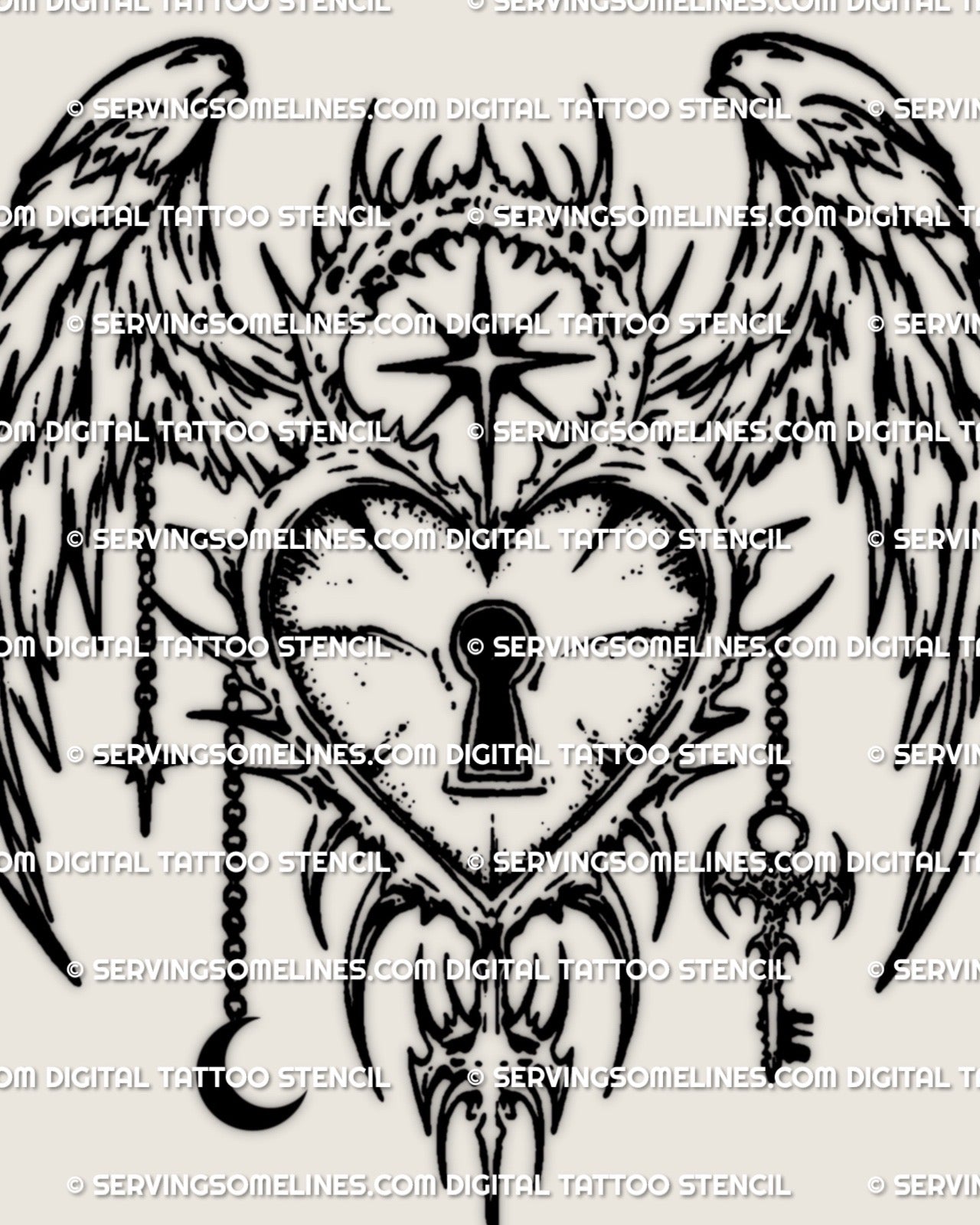 Cybersigilism angel lock tattoo stencil, heart lock emblem with star and moon charm details, clean negative space