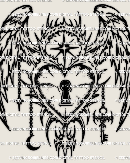 Cybersigilism angel lock tattoo stencil, heart lock emblem with star and moon charm details, clean negative space