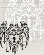 Neotribal angel lock tattoo stencil line art, winged lock frame with keyhole center, digital stencil design preview