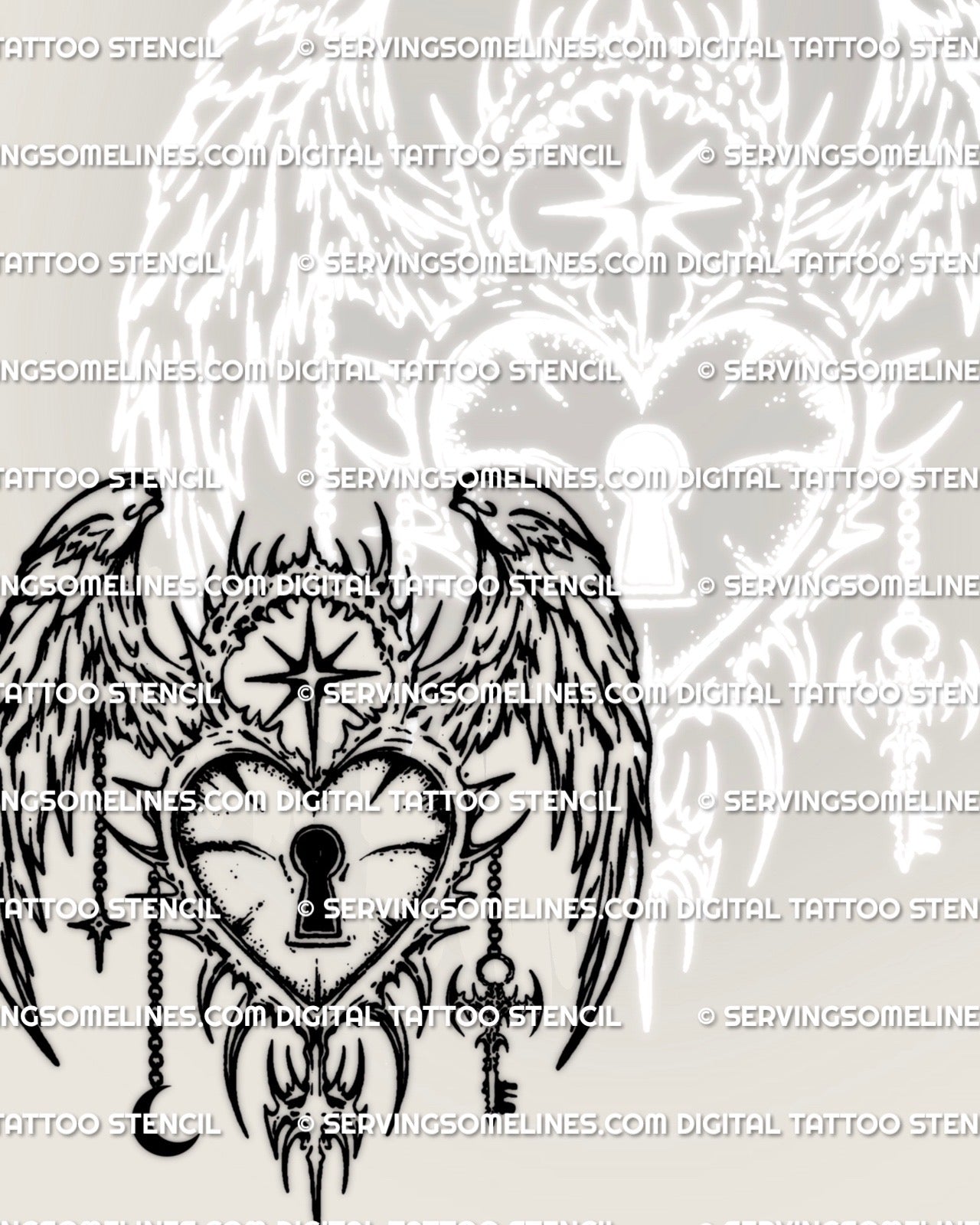 Neotribal angel lock tattoo stencil line art, winged lock frame with keyhole center, digital stencil design preview