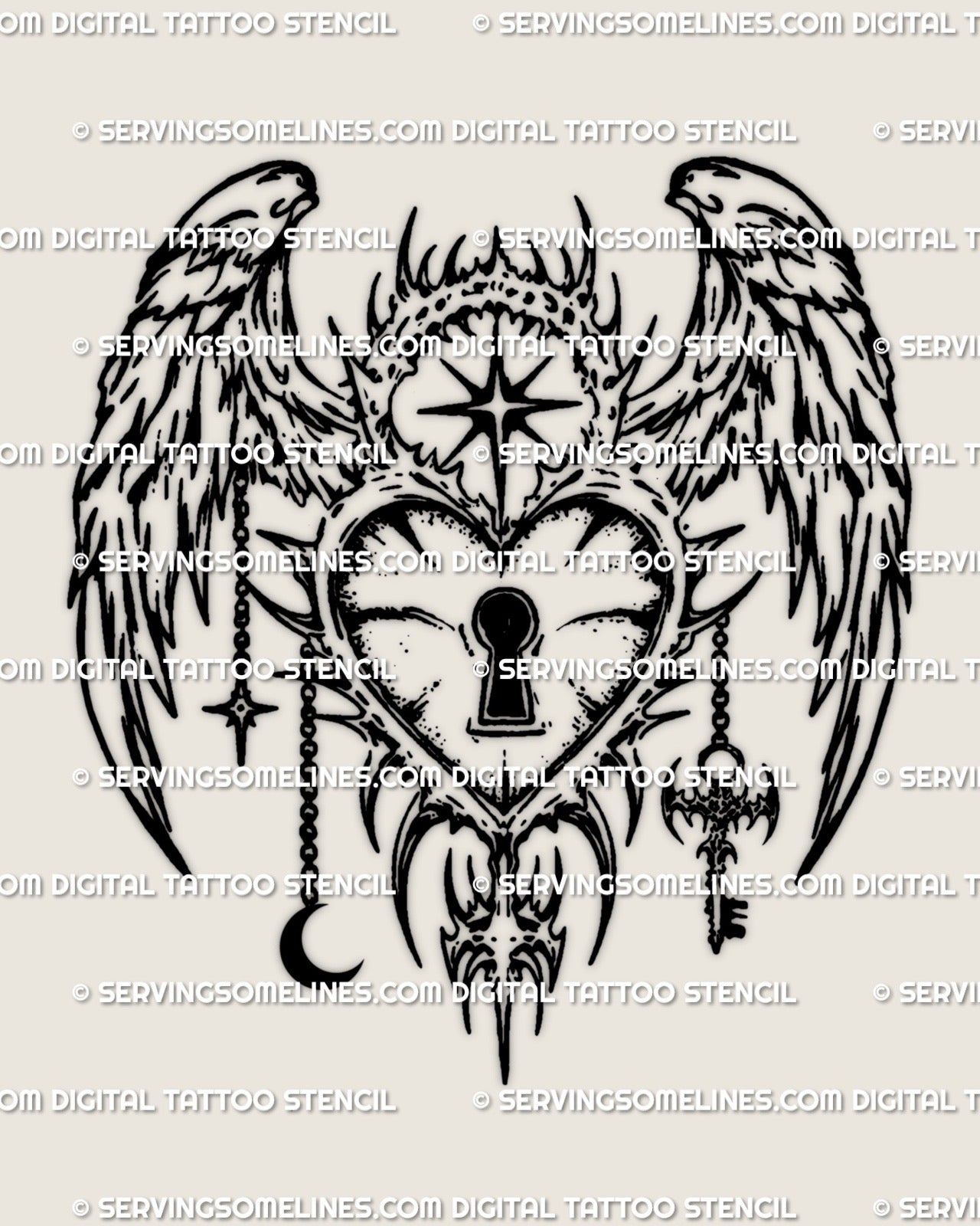 Angel Lock Tattoo Stencil, Winged Keyhole Cyber Tribal Design ...