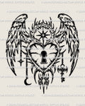 Angel lock tattoo stencil design with winged heart lock and keyhole, cyber tribal edges, black linework preview