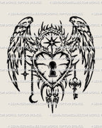 Angel lock tattoo stencil design with winged heart lock and keyhole, cyber tribal edges, black linework preview