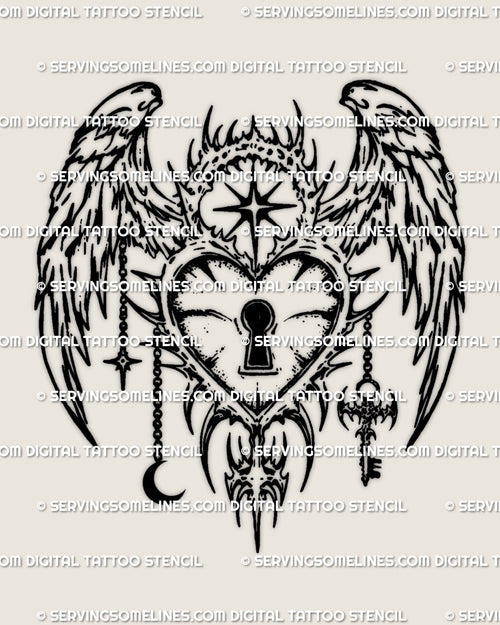Angel lock tattoo stencil design with winged heart lock and keyhole, cyber tribal edges, black linework preview