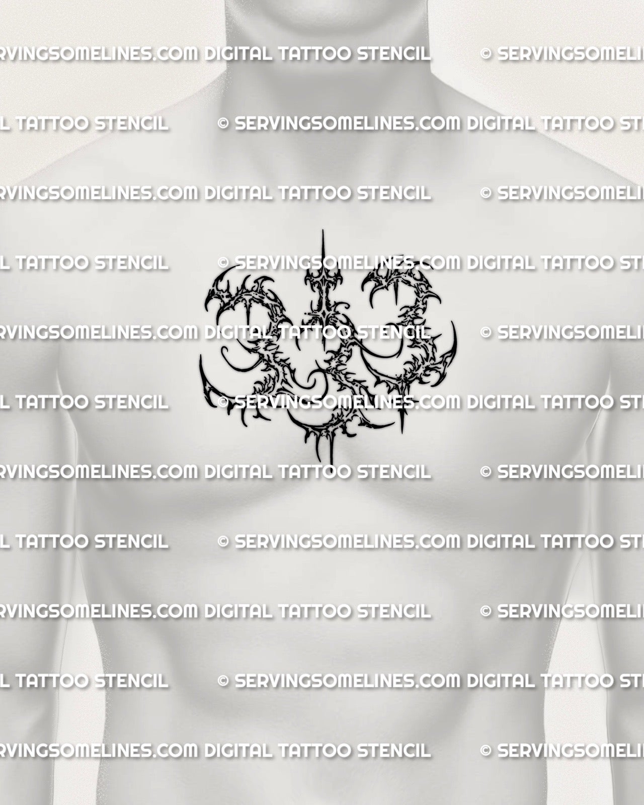 Angel number 333 tattoo stencil shown on mens chest placement preview, cybersigilism 333 stencil download