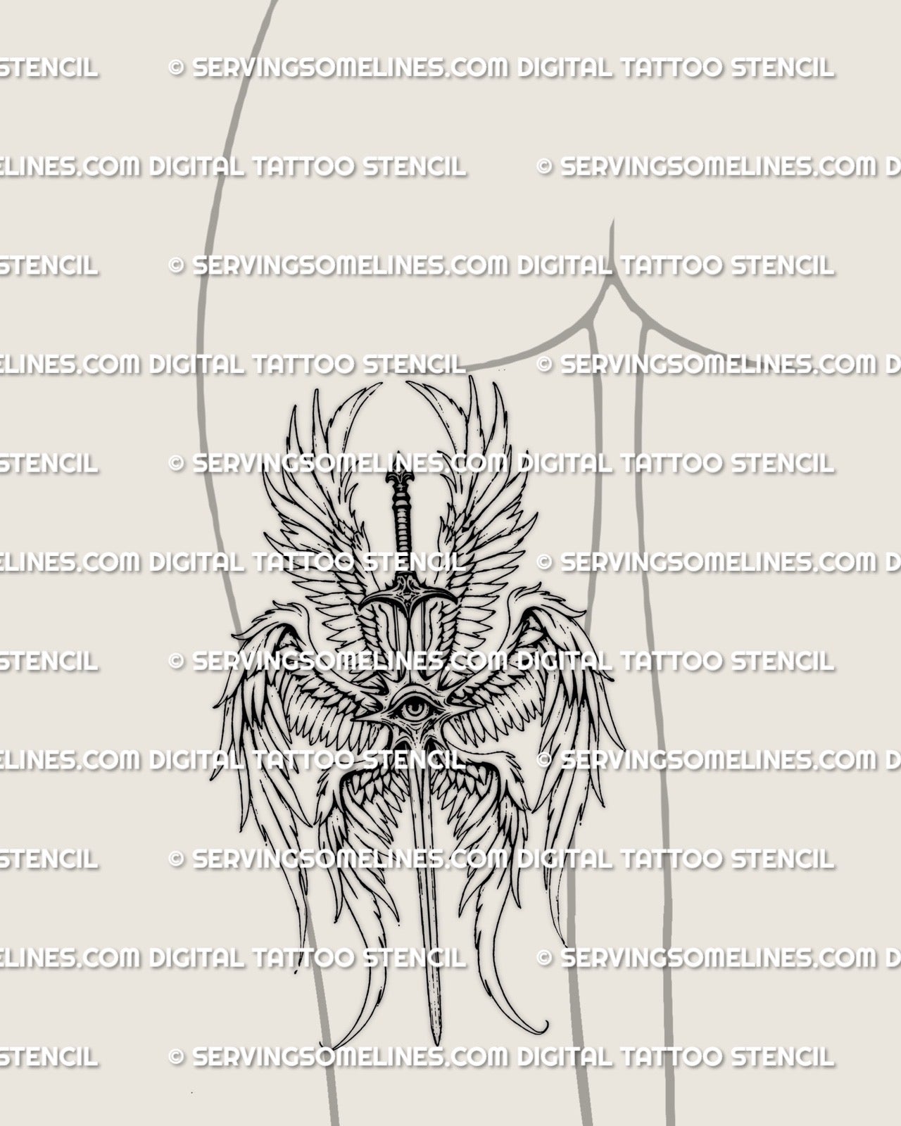 Angel sword tattoo shown on back of thigh placement, fine line gothic angel design with vertical flow that works well for leg tattoos