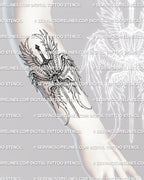 Angel sword tattoo displayed on forearm placement, vertical fine line angel tattoo design with six wings and central eye suited for arm tattoos