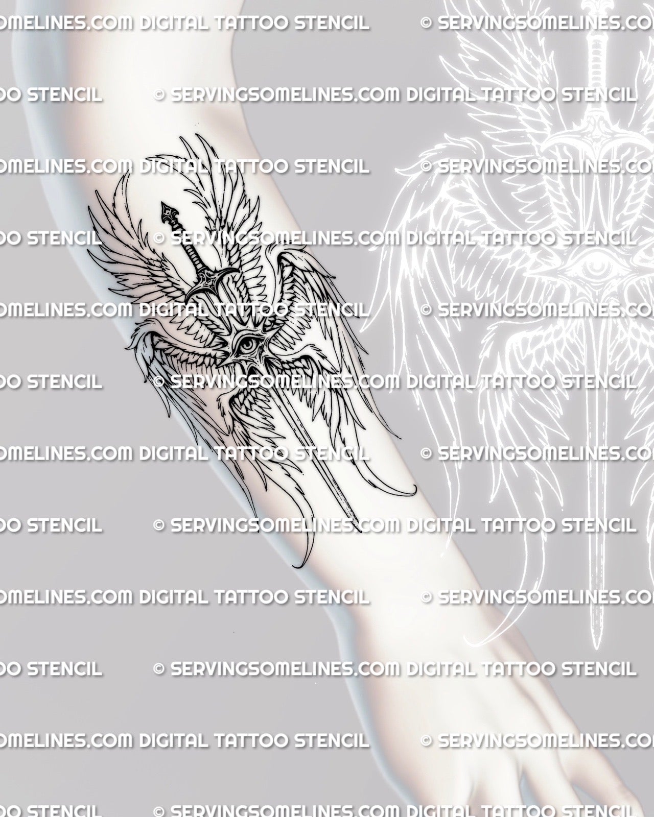 Angel sword tattoo displayed on forearm placement, vertical fine line angel tattoo design with six wings and central eye suited for arm tattoos