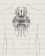 Angel sword tattoo displayed on centered men’s chest placement, gothic seraphim angel design with symbolic eye and protective vertical layout