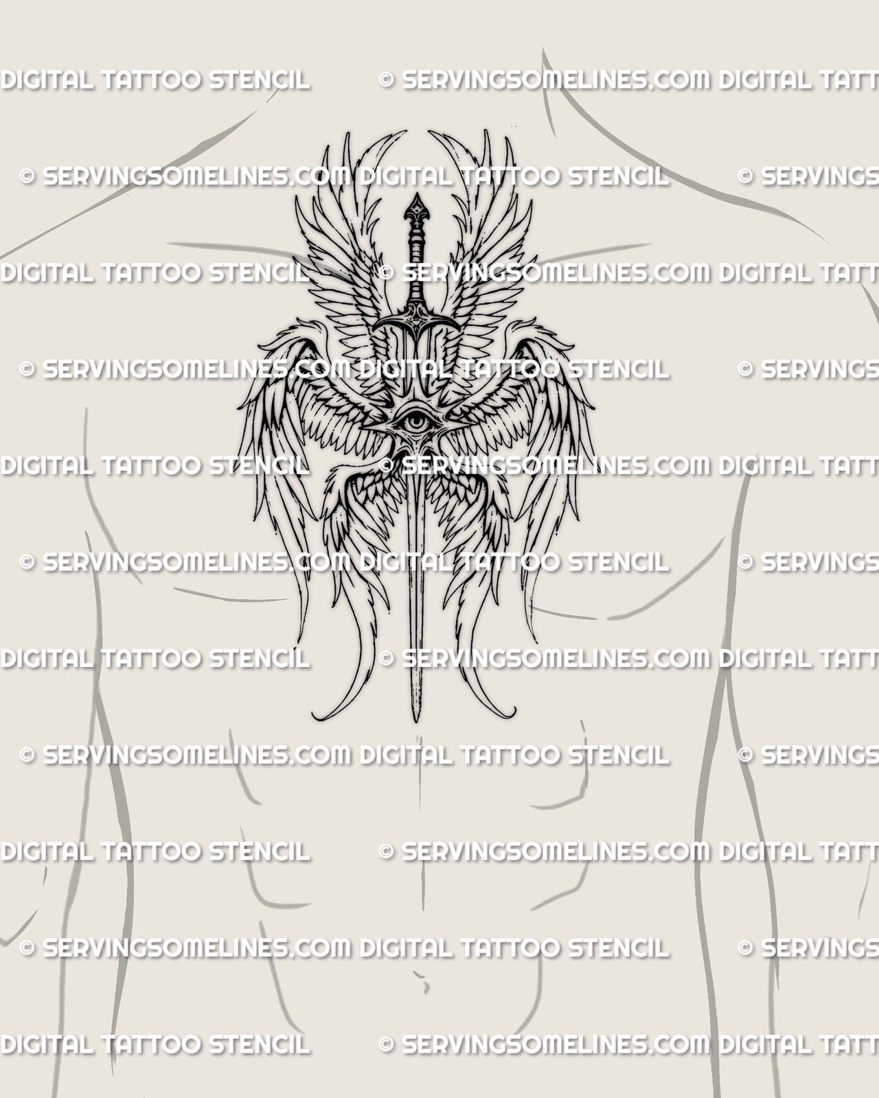 Angel sword tattoo displayed on centered men’s chest placement, gothic seraphim angel design with symbolic eye and protective vertical layout
