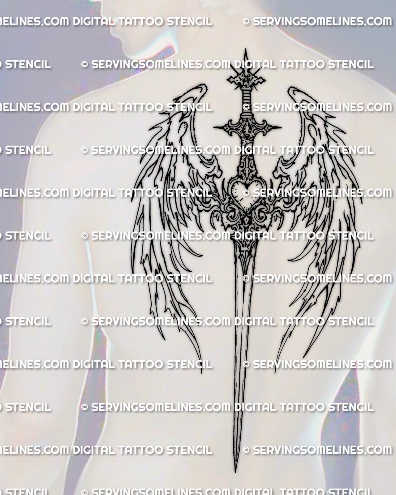 Angel sword tattoo shown on men’s upper back placement with a spine-guided blade and symmetrical feathered wings