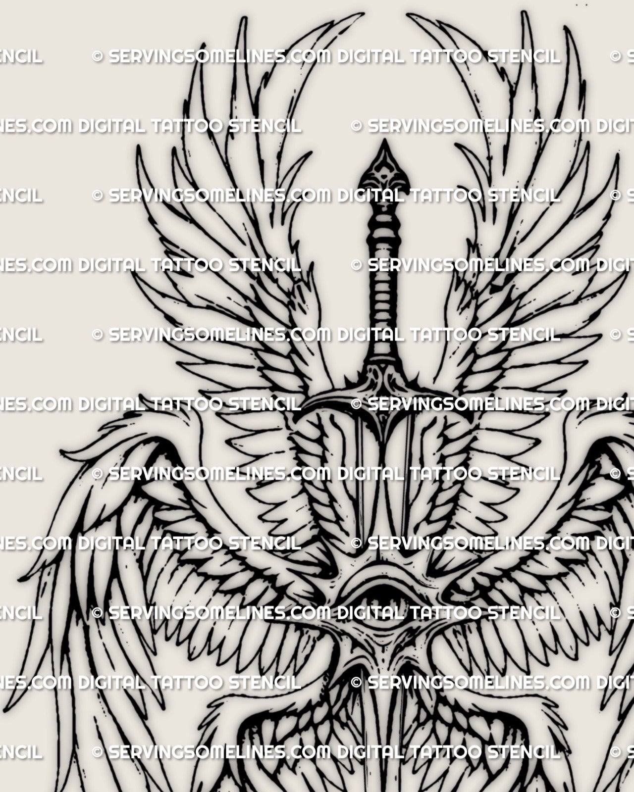 Angel sword tattoo stencil close up showing fine line wing detailing, central eye symbolism, and clean linework prepared for stencil clarity