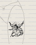 Minimalist female angel tattoo stencil displayed on woman’s front thigh, six-winged seraphim digital stencil with rose motif.