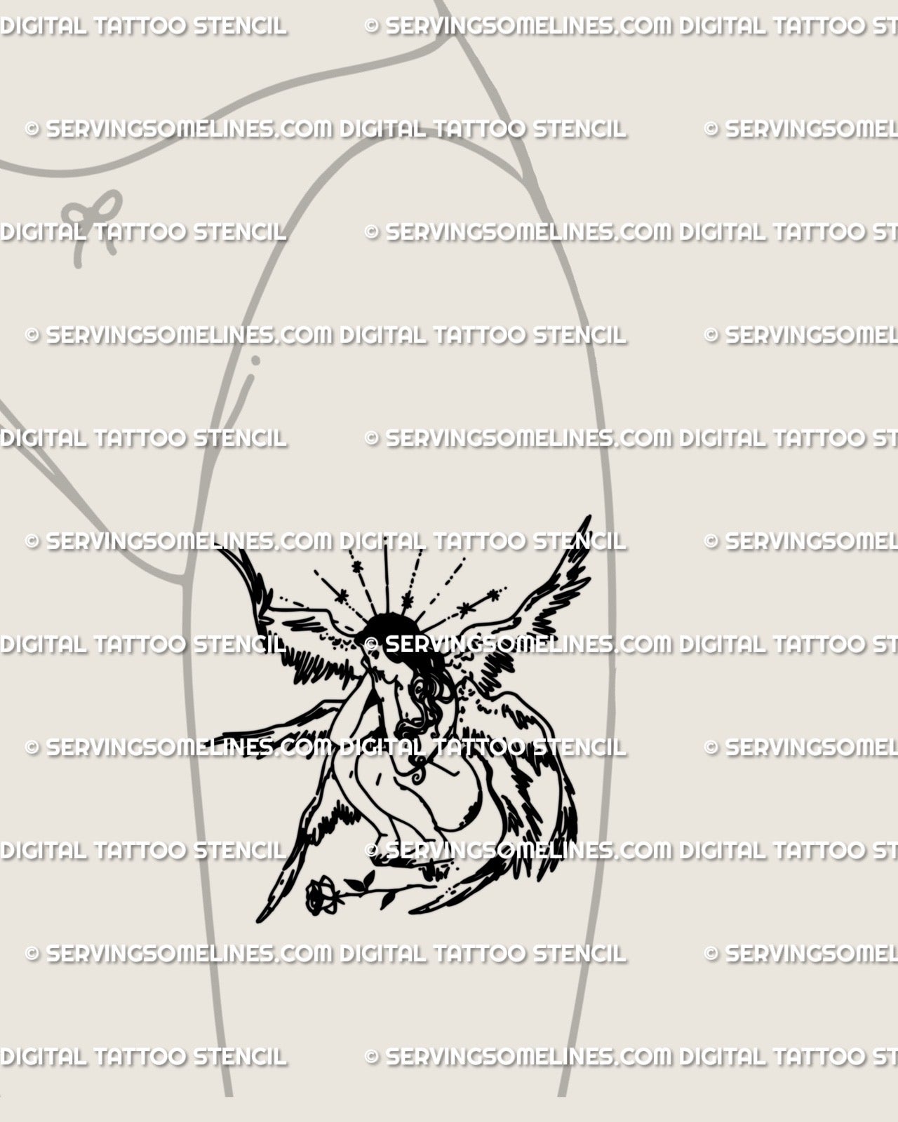 Minimalist female angel tattoo stencil displayed on woman’s front thigh, six-winged seraphim digital stencil with rose motif.
