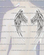 Angel wing back tattoo stencil shown on men's upper back, with classic feathered wings and broad shoulder blade placement.