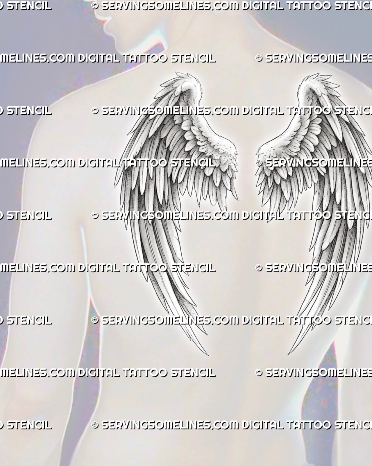 Angel wing back tattoo stencil shown on men's upper back, with classic feathered wings and broad shoulder blade placement.